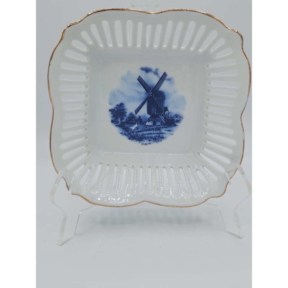 Royal Tri Ever Blue Windmill Porcelain‎ Hand Painted Decorative Basket Bowl